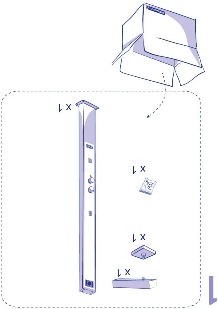 Technical diagram showing a vertical device with labeled components and a 3D box assembly, including a close-up of its internal structure.