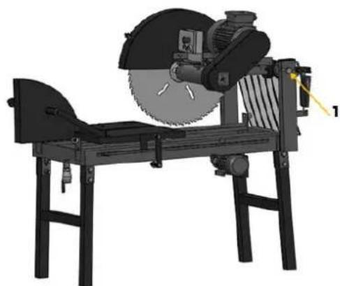 3D rendering of a mechanical cutting machine with a large blade and central workpiece (no text or symbols visible)