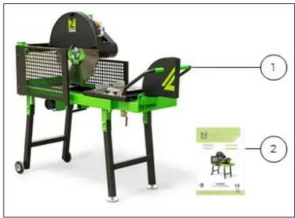 Green industrial machine with black components and labeled parts (1 and 2), no visible text or symbols on the device itself.