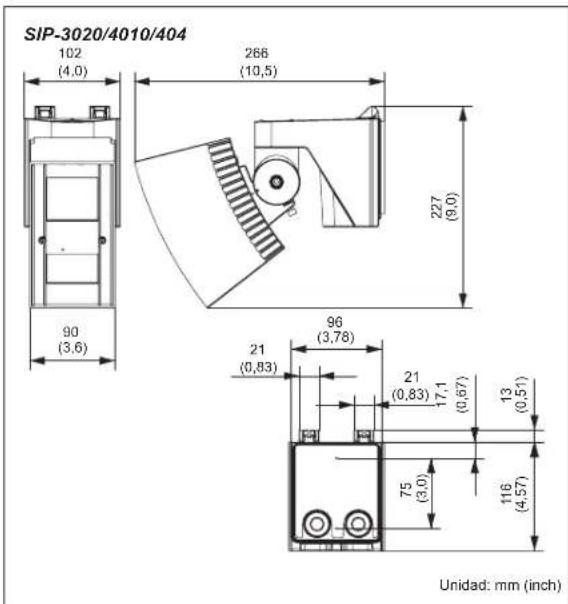 SIP-3020/4010/404 102 (4,0) 266 (10,5) 227 (9,0) 90 (3,6) 96 (3,78) 21 (0,83) 21 (0,83) 17,1 (0,67) 13 (0,51) 75 (3,0) 116 (4,57) Unidad: mm (inch)