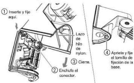 ① Inserte y fije aqui. Lazo de hilo de nylon. ③ Cierre. ② Enchufe el conector. ④ Apriete y fije el tornillo de fijación de la base.