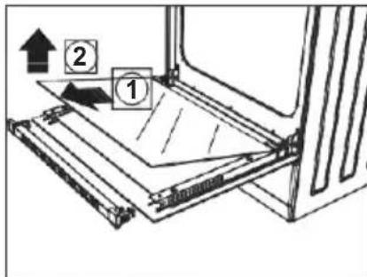 Diagram showing a mechanical assembly with labeled components 1 and 2, indicating directional movement or assembly steps.