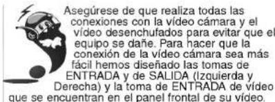 Asegúrese de que realiza todas las conexiones con la vídeo cámara y el vídeo desenchufados para evitar que el equipo se dañe. Para hacer que la conexión de la vídeo cámara sea más fácil hemos diseñado las tomas de ENTRADA y de SALIDA (Izquierda y Derecha) y la toma de ENTRADA de vídeo que se encuentran en el panel frontal de su vídeo.