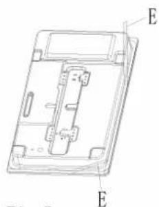 Technical line drawing of a device casing with internal components labeled E (no text or symbols beyond labels)