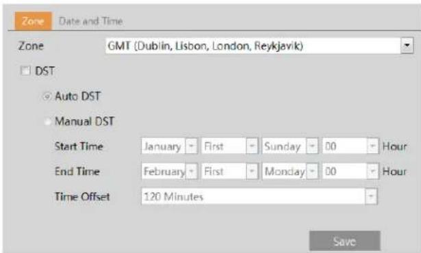 Zone Date and Time Zone GMT (Dublin, Lisbon, London, Reykjavik) DST Auto DST Manual DST Start Time January - First - Sunday - 00 - Hour End Time February - First - Monday - 00 - Hour Time Offset 120 Minutes Save