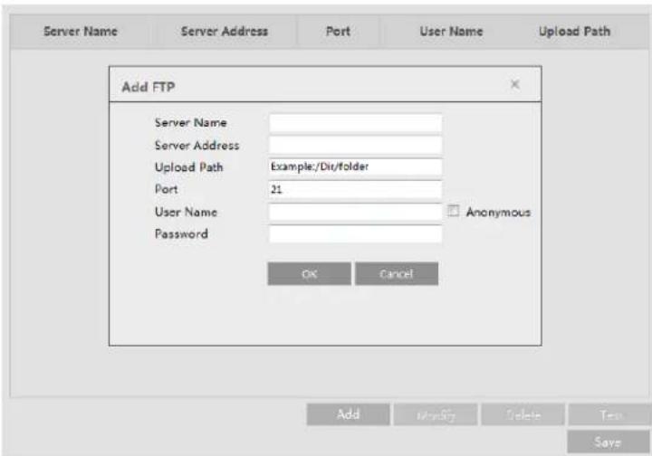 Server Name Server Address Port User Name Password Add FTP Server Name Server Address Upload Path Example:/Dir/folder Port 21 Anonymous OK Cancel Add Modify Delete Test Save