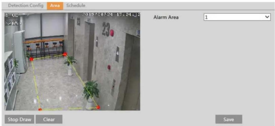 Detection Config Area Schedule 4=08 2019/06/24 17:24:12 Alarm Area 1 Stop Draw Clear Save