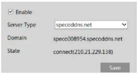 Enable Server Type specoddns.net Domain speco008954.specoddns.net State connect(210.21.229.138) Save