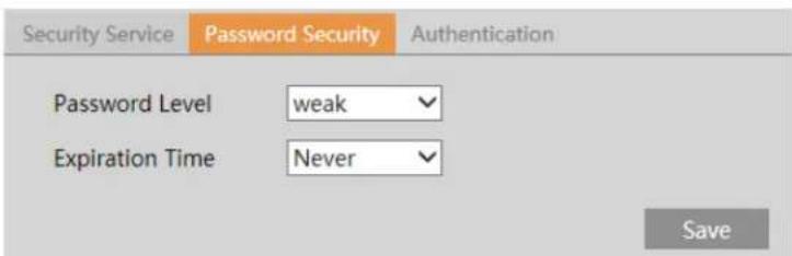 Security Service Password Security Authentication Password Level weak Expiration Time Never Save