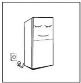Simple line drawing of a smiling refrigerator with a small electrical outlet nearby (no text or symbols)