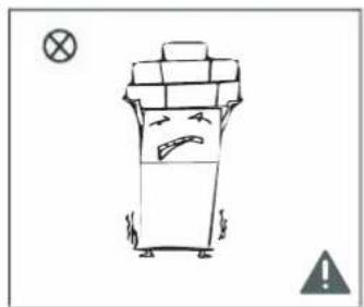 Simple line drawing of a trash bin with a broken handle and warning symbols (no text or labels)
