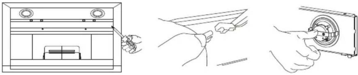 Three-step diagram showing a door panel installation, hand tooling a component, and close-up of the lid (no text or symbols)