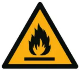 Warning sign depicting a flame symbol in yellow and black on white background