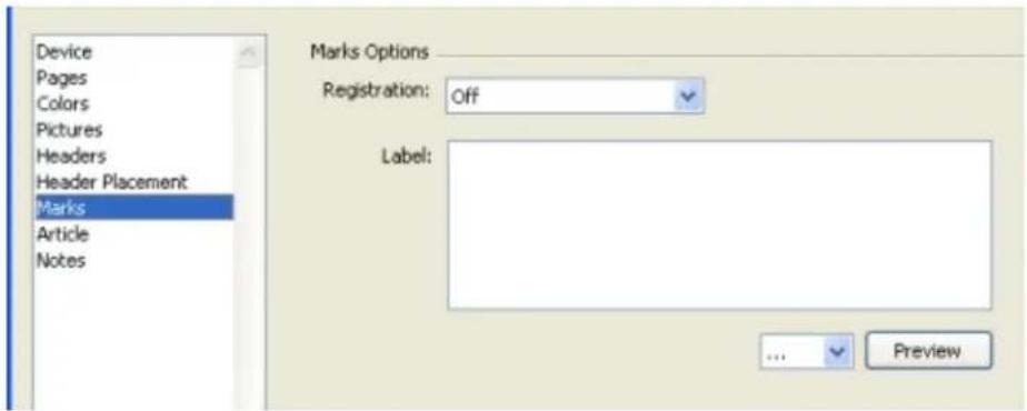 Device Pages Colors Pictures Headers Header Placement Marks Article Notes Marks Options Registration: Off Label: ... Preview
