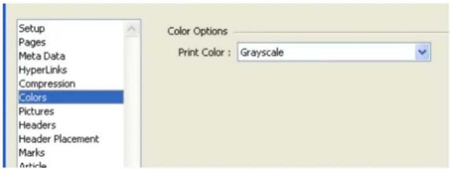 Setup Pages Meta Data HyperLinks Compression Colors Pictures Headers Header Placement Marks Article Color Options Print Color : Grayscale