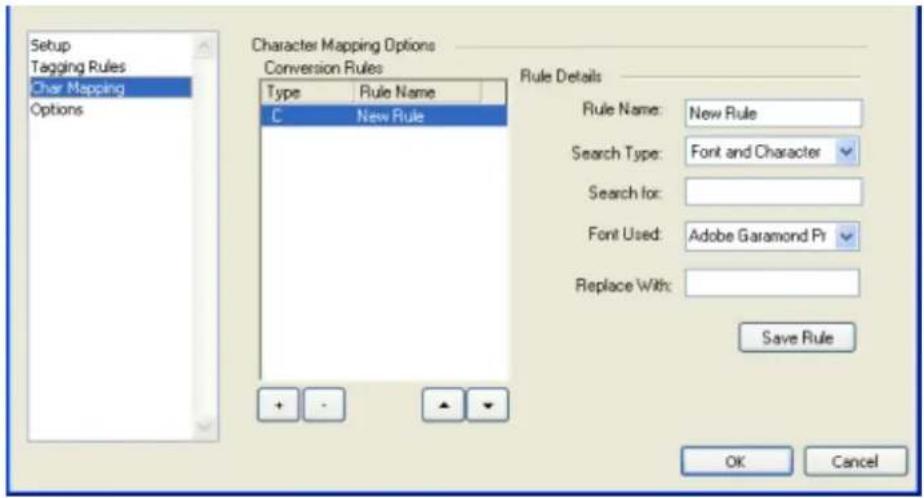 Setup Tagging Rules Char Mapping Options Character Mapping Options Conversion Rules Type Rule Name C New Rule Rule Details Rule Name: New Rule Search Type: Font and Character Search for: Font Used: Adobe Garamond Pri Replace With: Save Rule + - ▲ ▼ OK Cancel