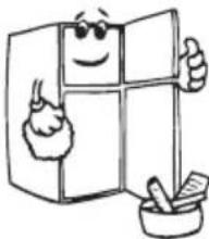Cartoon illustration of a smiling refrigerator with sunglasses and a bowl of food (no text or symbols)
