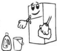 Cartoon illustration of a smiling refrigerator with hands cleaning it, accompanied by a small bottle and bucket (no text or symbols)