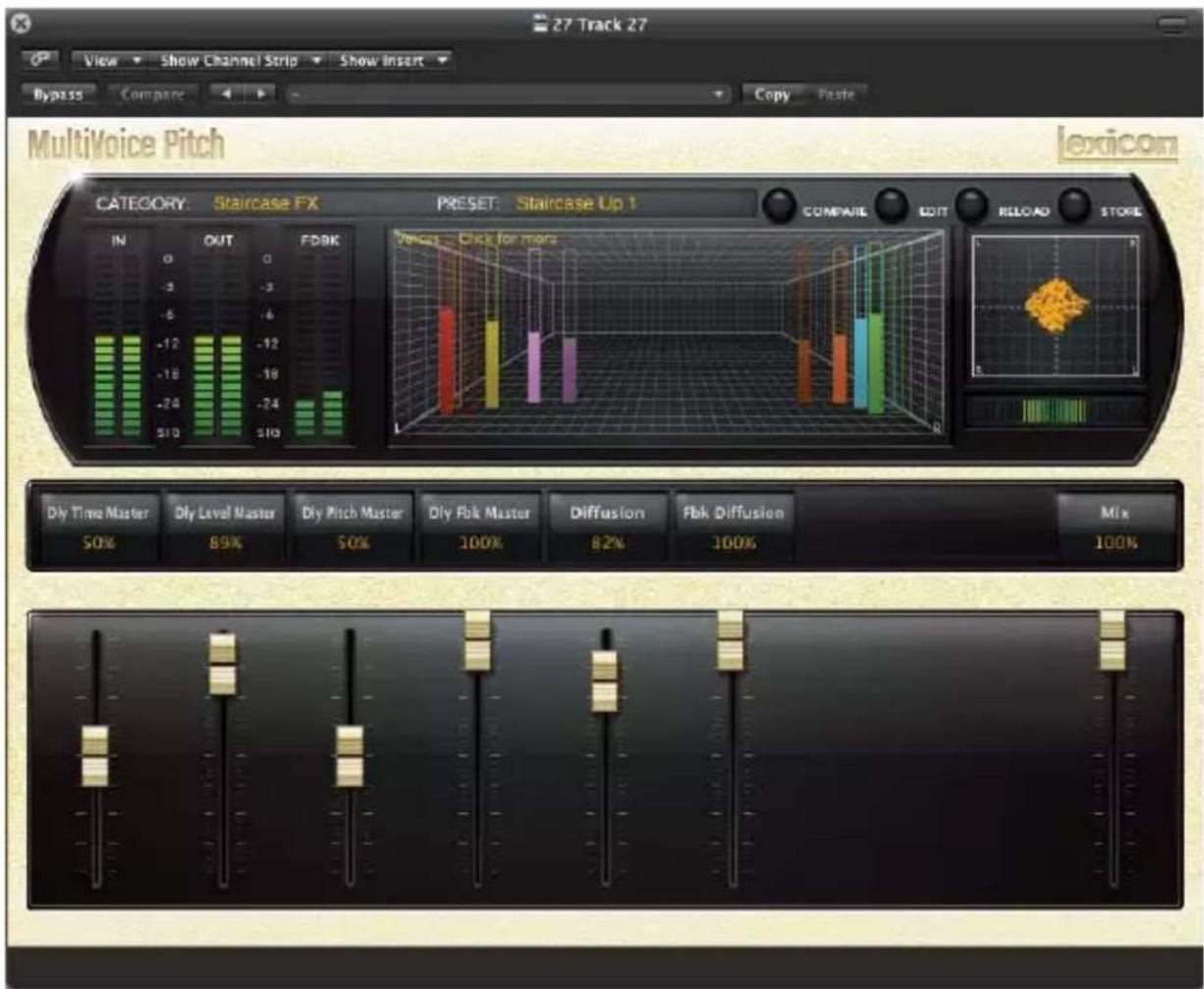 27 Track 27 View Show Channel Strip Show Insert Bypass Compare Copy Paste MultiVoice Pitch lexicon CATEGORY: Staircase FX PRESET: Staircase Up 1 IN OUT FDBK COMPAIE EDIT RELOAD STORE Voice: Click for more Dly Time Master 50% Dly Level Master 89% Dly Pitch Master 50% Dly Fbk Master 100% Diffusion 82% Fbk Diffusion 100% Mix 100%