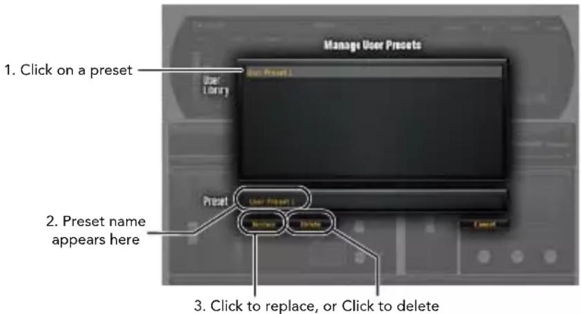 1. Click on a preset 2. Preset name appears here 3. Click to replace, or Click to delete User Preset 1 User Preset 2 Preset User Preset 1 Before Before Cancel