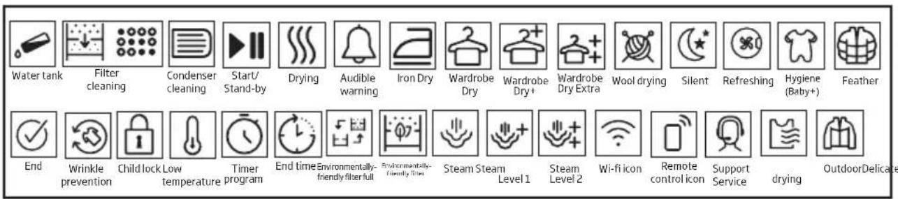 Water tank Filter cleaning Condenser cleaning Start/ Stand-by Drying Audible warning Iron Dry Wardrobe Dry Wardrobe Dry+ Wardrobe Dry Extra Wool drying Silent Refreshing Hygiene (Baby+) Feather End Wrinkle prevention Child lock Low temperature Low temperature Timer program End time Environmentally-friendly filter full Environmentally-friendly film Steam Steam Level 1 Steam Level 2 Wi-fi icon Remote control icon Support Service drying OutdoorDelicate