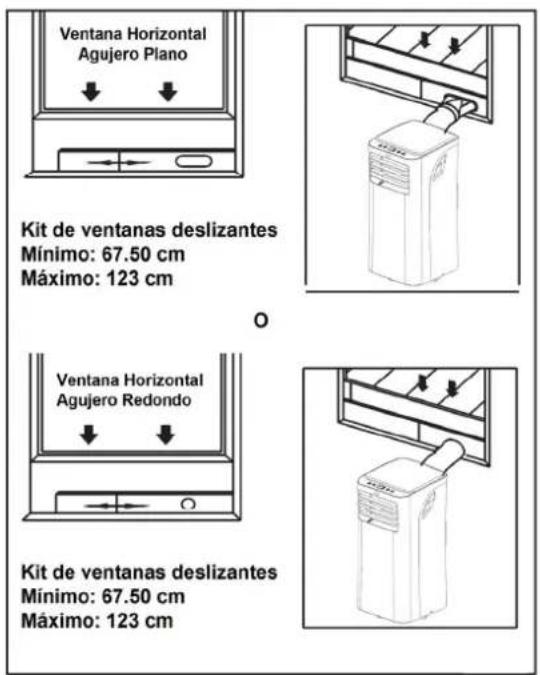 Ventana Horizontal Agujero Plano Kit de ventanas deslizantes Mínimo: 67.50 cm Máximo: 123 cm Ventana Horizontal Agujero Redondo Kit de ventanas deslizantes Mínimo: 67.50 cm Máximo: 123 cm