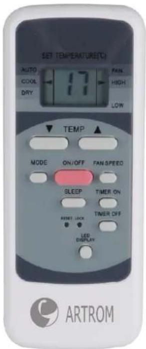 SET TEMPERATURE(°C) AUTO COOL DRY 17 FAN HIGH LOW TEMP MODE ON/OFF FAN SPEED SLEEP TIMER ON ASSETS LOCK TIMER OFF LED DISPLAY ARTROM