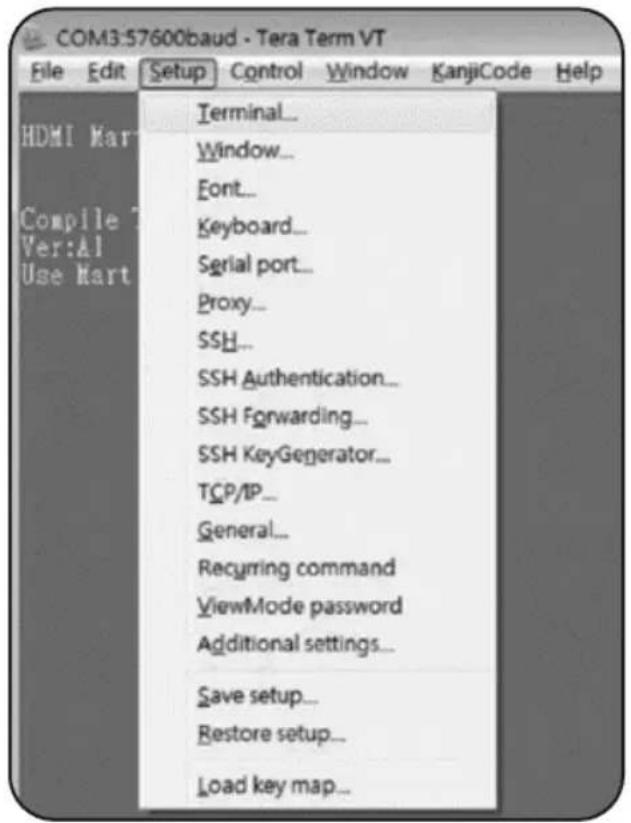 COM3:57600baud - Tera Term VT File Edit Setup Control Window KanjiCode Help HDMI Mar Compile Ver:AI Use Hart Terminal... Window... Font... Keyboard... Serial port... Proxy... SSH... SSH Authentication... SSH Forwarding... SSH KeyGenerator... TCP/IP... General... Recyring command ViewMode password Ad…