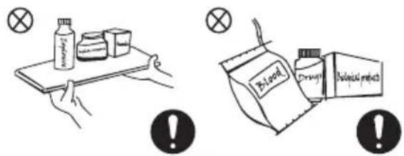 Illustration showing two food safety scenarios: one with a bottle and tray, the other with a milk carton and warning symbols.