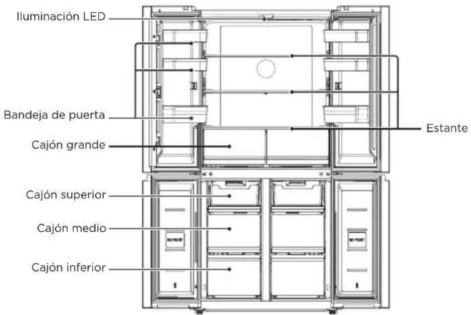 Iluminación LED Bandeja de puerta Cajón grande Estante Cajón superior Cajón medio Cajón inferior