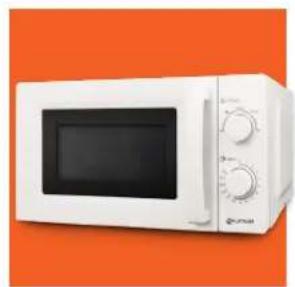 White microwave oven with control knobs and a screen, set against an orange background (no visible text or symbols)
