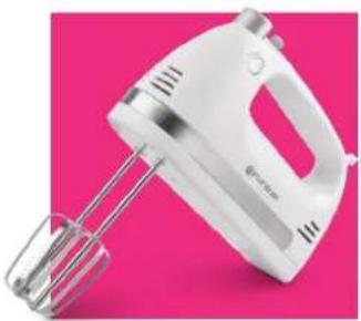 White kitchen hand mixer on a pink background (no text or symbols visible)