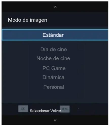 Modo de imagen Estándar Día de cine Noche de cine PC Game Dinámica Personal OK Seleccionar Volver