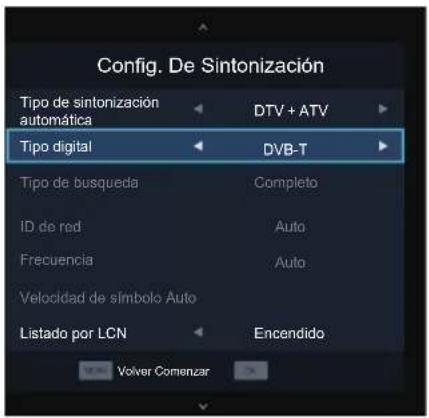 Config. De Sintonización Tipo de sintonización automática DTV + ATV Tipo digital DVB-T Tipo de busqueda Completo ID de red Auto Frecuencia Auto Velocidad de símbolo Auto Listado por LCN Encendido Volver Comenzar