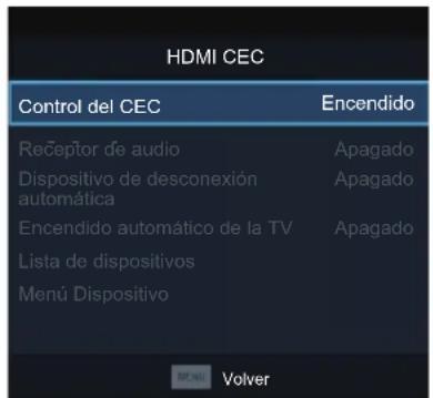 HDMI CEC Control del CEC Encendido Receptr de audio Apagado Dispositivo de desconexión automática Apagado Encendido automático de la TV Apagado Lista de dispositivos Menú Dispositivo RENAU Volver