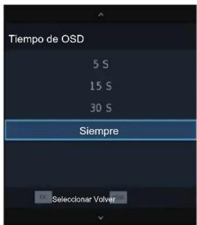 Tiempo de OSD 5 S 15 S 30 S Siempre De: Seleccionar Volver