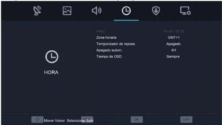 Reloj 18/Jan 06:25 Zona horaria GMT+1 Temporizador de reposo Apagado Apagado autom. 4H Tiempo de OSD Siempre HORA Mover Volver Seleccionar Salir OK EXIT