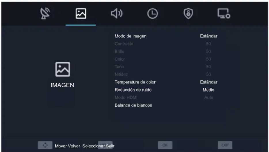 IMAGEN Modo de imagen Estándar Contraste 50 Brillo 50 Color 50 Tono 50 Nitidez 50 Temperatura de color Estándar Reducción de ruido Medio Modo HDMI Auto Balance de blancos Mover Volver Seleccionar Salir OK EXIT