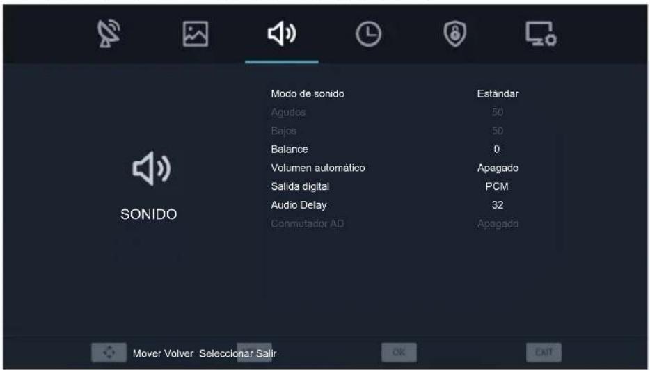 Modo de sonido Estándar Agudos 50 Bajos 50 Balance 0 Volumen automático Apagado Salida digital PCM Audio Delay 32 Commutador AD Apagado Mover Volver Seleccionar Salir OK EXIT