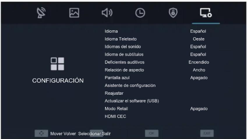 CONFIGURACIÓN Idioma Idioma Teletexto Idiomas del sonido Idioma de sublítulos Deficientes auditivos Relación de aspecto Pantalla azul Asistente de configuración Reajustar Actualizar el software (USB) Modo Retail HDMI CEC Español Oeste Español Español Encendido Ancho Apagado Apagado Mover Volver Selecionar Salir