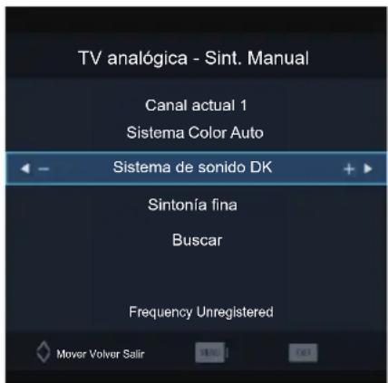 TV analógica - Sint. Manual Canal actual 1 Sistema Color Auto Sistema de sonido DK Sintonía fina Buscar Frequency Unregistered Mover Volver Salir