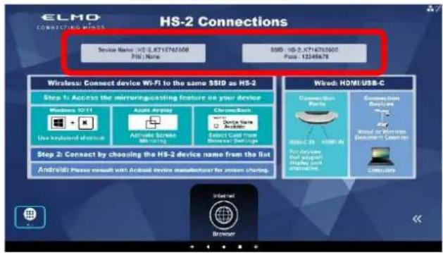 ELMO CONNECTING MENS HS-2 Connections Service Name: JSL 2,8716763608 PIN: None SMD: HS-2,8716763608 Page: 12549678 Wireless: Connect device Wi-Fi to the same SMD as HS-2 Step 1: Access the mirroring-coating feature on your device Windows 10/11 Use keyboard shortcut Audio Array Activate Scrubs Bluetooth ChromeBench Device Name Accessor Select Court Name Remove Settings Step 2: Connect by choosing the HS-2 device name from the list Android! Please consult with Activated device manufacturer for screen sharing. Wired: HDMI/USB-C Connect Bus Ports HDMI-C 20 HDMI-A Port Address Port Address Play button Play button Alternative Connect Bus Windows or Windows Accessories Connected to Connect