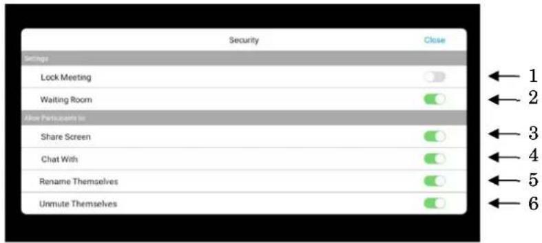 Security Close Settings Lock Meeting Waiting Room After Perseasert to Share Screen Chat With Rename Themselves Unmute Themselves ← 1 ← 2 ← 3 ← 4 ← 5 ← 6