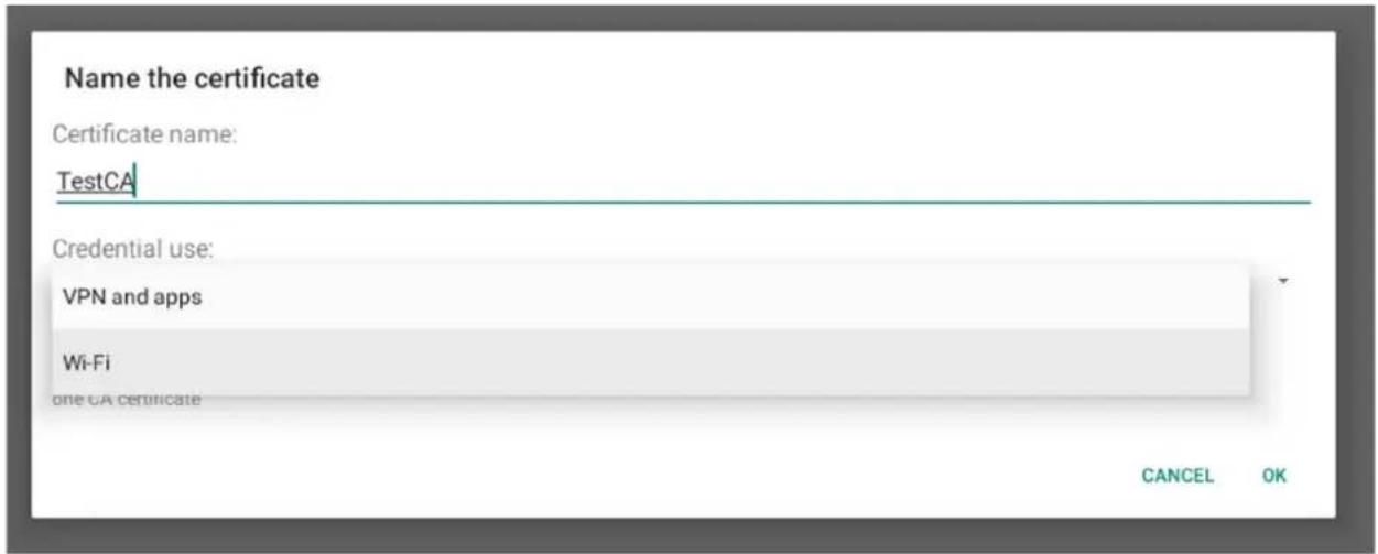 Name the certificate Certificate name: TestCA Credential use: VPN and apps Wi-Fi one CA certificate CANCEL OK