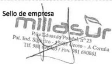 Sello de empresa millasur Rua Eduardo Pondal, n° 23 Pol. Ind. Sigreiro - 15086 Droso - A Coruña Tlf. 981 690463 / Fax. 981 690861