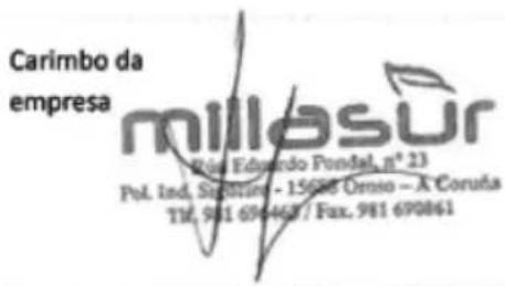 Carimbo da empresa millasur Pol. Ind. Sarginalo - 15088 Ornio - A Coruña TI6, 981 690463 / Fax, 981 690861