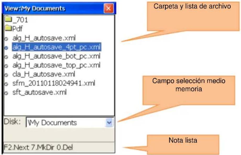 View:My Documents _701 Pdf alg_H_autosave.xml alg_H_autosave_4pt_pc.xml alg_H_autosave_bot_pc.xml alg_H_autosave_top_pc.xml cla_H_autosave.xml sfm_20110118024941.xml sft_autosave.xml Disk: My Documents F2.Next 7.MkDir 0.Del Carpeta y lista de archivo Campo selección medio memoria Nota lista
