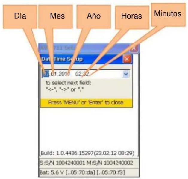 Día Mes Año Horas Minutos Data Time Setup 01.201/ 02:32 to select next field; "<->, "->" or "." Press 'MENU' or 'Enter' to close Build: 1.0.4436.15297(23.02.12 08:29) S:S/N 1004240001 M:S/N 1004240002 Bat: 5.6 V [..05:70:da] [..05:70:f3]