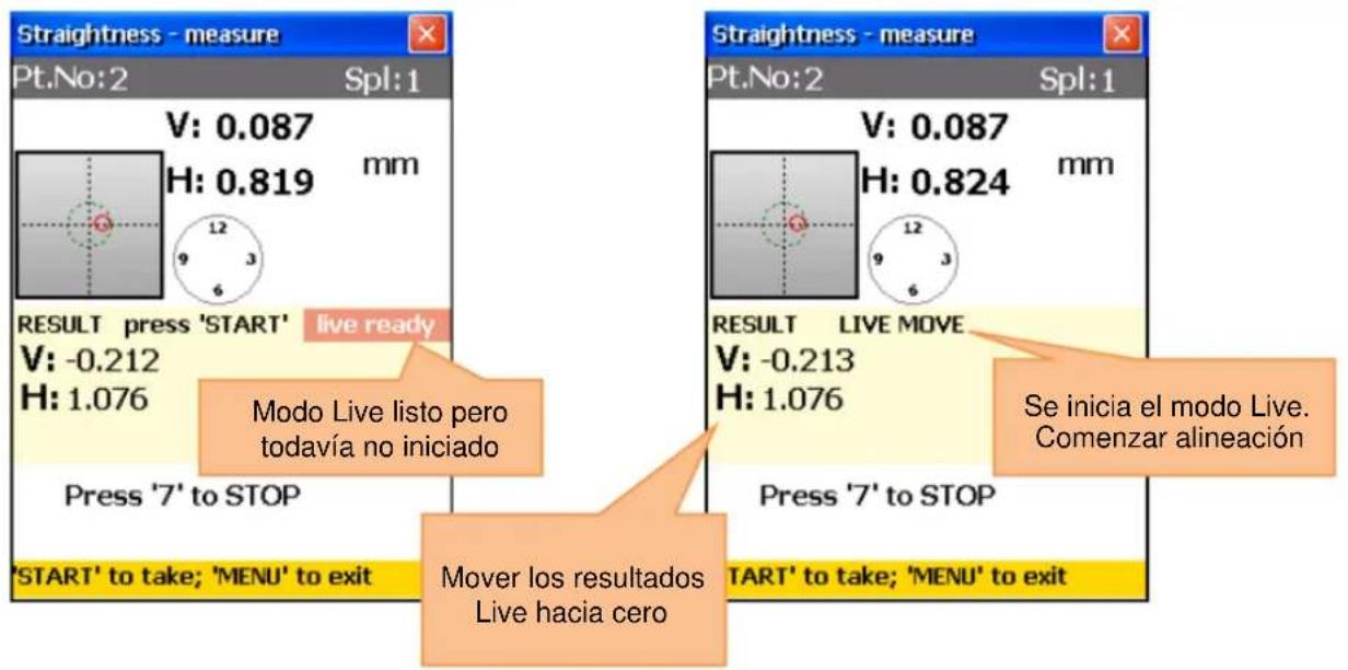 Straightness - measure Pt.No:2 Spl:1 V: 0.087 mm H: 0.819 12 9 3 6 RESULT press 'START' live ready V: -0.212 H: 1.076 Press '7' to STOP 'SART' to take; 'MENU' to exit Modo Live listo pero todavía no iniciado Mover los resultados Live hacia cero Straightness - measure Pt.No:2 Spl:1 V: 0.087 mm H: 0.824 mm 12 9 3 6 RESULT LIVE MOVE V: -0.213 H: 1.076 Press '7' to STOP TART' to take; 'MENU' to exit Se inicia el modo Live. Comenzar alineación