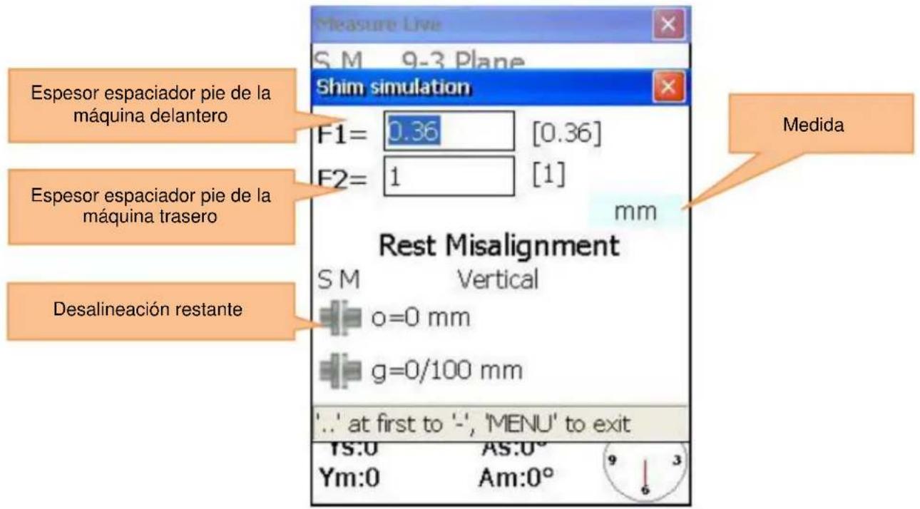 Measure Live S M 9-3 Plane Shim simulation Espesor espaciador pie de la máquina delantero F1= 0.36 [0.36] F2= 1 [1] mm Rest Misalignment S M Vertical o=0 mm g=0/100 mm '...' at first to '-' 'MENU' to exit Ys:0 AS:0° Ym:0 Am:0° Medida